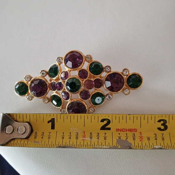 Beautiful VTG 50s/60s 3" Brooch/Pin/Scarf Closure Violets Greens Crystal Stones - Picture 4 of 4